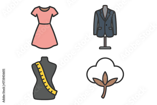 Fashion icon set. Garment and clothing symbol collection. Apparel design, tailoring, textile concepts. Vector icons of a dress, suit, mannequin, measuring tape, and cotton.