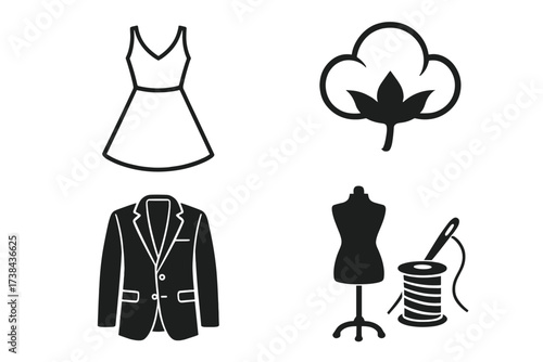 Fashion and garment icon set. Vector illustration of clothing production symbols. Dress, suit, cotton plant, tailor mannequin, thread and needle. Natural fabric and sewing concept.