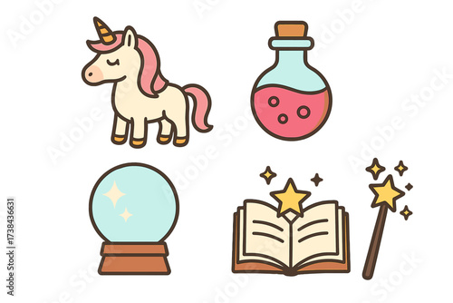 A cute collection of magic and fantasy vector icons. Includes a unicorn, potion, crystal ball, spell book, and wand. Whimsical fairy tale symbols for kids' designs or stickers.