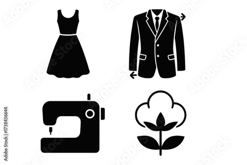 Fashion and garment industry glyph icon set. Vector illustration of clothing production, sewing machine, cotton plant, dress, suit. Tailoring and textile manufacturing symbols.