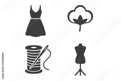 Fashion and garment industry icon set. Vector illustration of sewing, tailoring, and clothing design. Includes dress, cotton, thread, needle, and mannequin symbols.