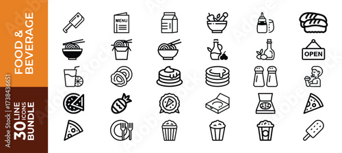 Collection of food and beverage line icons isolated on white background