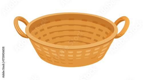 Wicker basket illustration, woven basket with handles, rustic storage container, picnic basket image