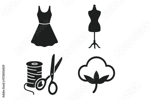 Fashion and garment production icon set. Vector symbols for dress, mannequin, sewing with scissors and thread, and cotton plant. Tailoring, dressmaking, and textile industry.