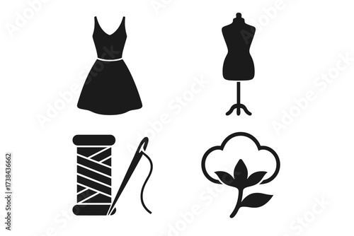 Fashion and garment industry icon set. Vector illustration of clothing production from raw material to finished dress. Symbols for sewing, tailoring, textiles, and apparel design.