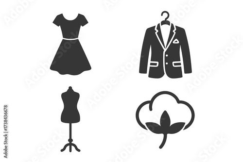 Fashion and garment industry vector icon set. Collection of apparel symbols. Woman dress, man suit on hanger, tailor mannequin and cotton plant. Clothing design elements.