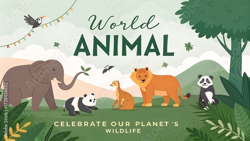 Wallpaper Mural Celebrating world animal day with wildlife featuring elephant lion and panda bears Torontodigital.ca