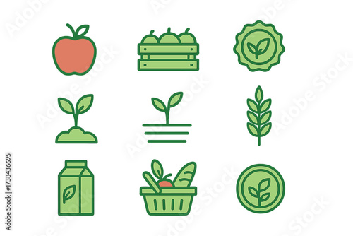 Vector illustration of food and organic logo set. Icons for natural, healthy products. Farm fresh groceries, agriculture symbols, vegan plant based food and bio label.