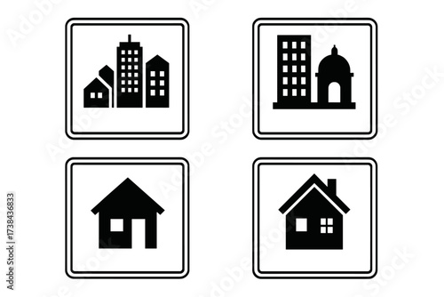 Vector illustration set of municipal and city center signs. Icons for urban, downtown, and residential areas. Real estate, home, and building symbols for maps and web design.