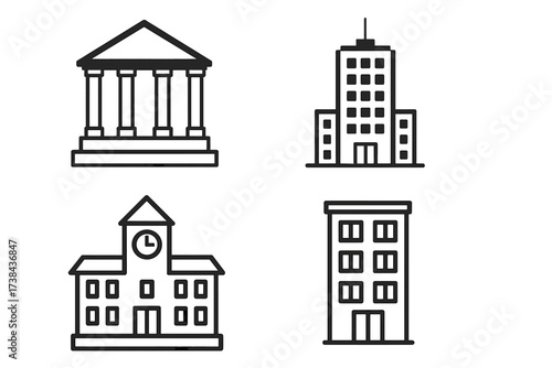 Building icon set vector illustration. Municipal government, bank, school, office skyscraper, and apartment symbols. Urban center architecture outline pictogram collection.