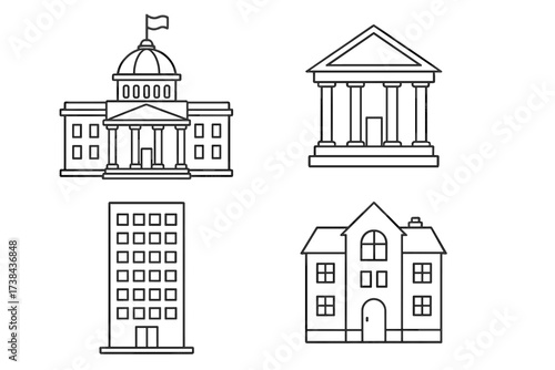 Building icon set. Government, bank, university, office, and house line art collection. Vector illustration of municipal architecture and real estate symbols for city design.