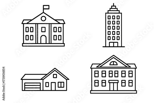 Building icon set vector. Real estate and architecture symbols. Thin line art collection of municipal courthouse, city skyscraper, suburban house, and school or university building.