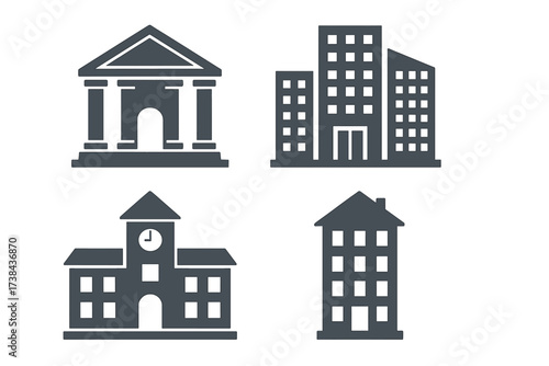 Set of building icons. Vector illustration of municipal and city symbols. Includes bank, courthouse, school, office, and apartment buildings. Flat design architecture collection.