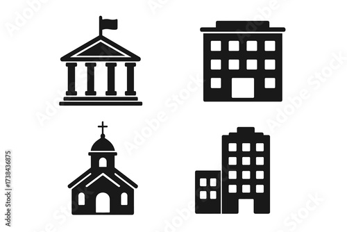 Building icon set. Vector collection of municipal and city symbols. Government, courthouse, bank, church, and office building silhouettes. Urban architecture graphics.