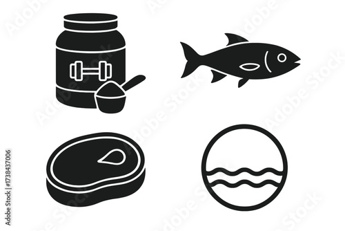 Protein sources glyph icons set. Bodybuilding supplement, fish, meat steak, sea sign. Nutrition for muscle growth. Food silhouette symbols for fitness, health, diet, workout.