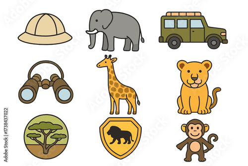 Safari icon set vector collection. Wild animals cute cartoon characters. Africa travel adventure symbol pack. Elephant, giraffe, lion, monkey. Jungle trip graphic elements.
