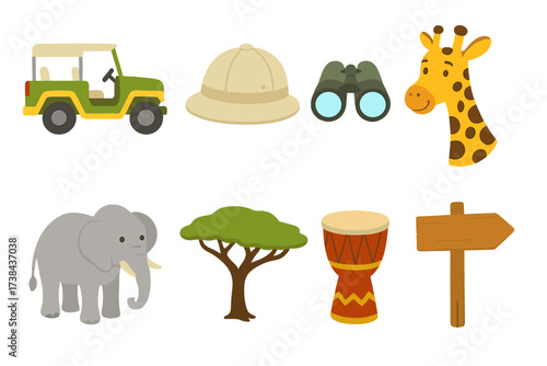 Safari adventure icon set. Flat vector illustration collection of cute cartoon african animals and travel equipment. Includes elephant, giraffe, jeep, pith helmet, and signpost.