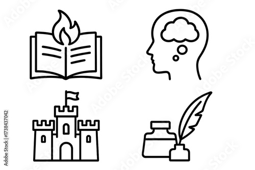 Storytelling and writing icon set. Vector line art of fantasy and imagination symbols. Includes burning book, castle, thinking head, quill and ink. For literature, history, and creative concepts.