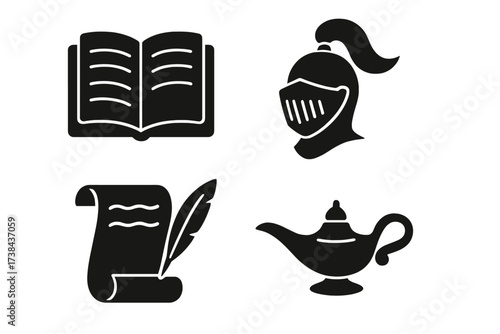 Fairy tale and story glyph icon set. Vector silhouette symbols. Magic lamp, knight helmet, literature book, scroll paper and quill. History, fantasy and storytelling items.