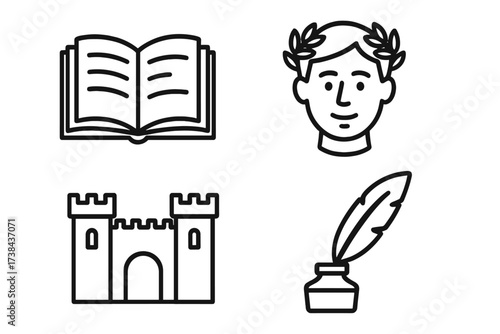 History and literature line icon set. Vector illustration of story telling items. Ancient Rome, Greece, and medieval concepts. Book, writer, Caesar, castle, and quill icons.