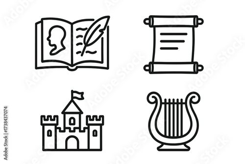 History and storytelling icon set. Vector line art symbols for literature, mythology, fairytales. Includes author book, ancient scroll, medieval castle, lyre for music, and poetry.