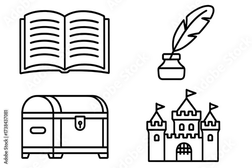 Fairy tale icon set with book, quill pen, treasure chest, castle. Vector storytelling symbols for fantasy, history, literature. Adventure, magic, kingdom outline icons collection.