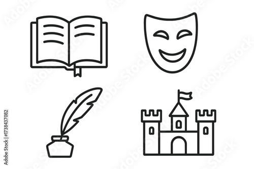 Fairytale and literature line icon set. Vector symbols for storytelling, book, reading, writer, author, history, theater mask, fantasy castle. Isolated graphic elements.