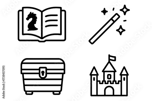 Fairy tale line icon set vector. Story book, magic wand, treasure chest, and castle symbols. Fantasy adventure, kingdom medieval concepts. Outline graphic design elements.