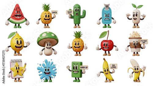 Retro Rubber Hose Cartoon 3D Sticker Icon Set – Funny Food and Object Characters