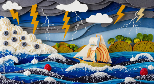 Dramatic food art seascape featuring whipped cream waves, broccoli islands, and apple slice sailboat during thunderstorm. Creative culinary composition with lightning and stormy skies.