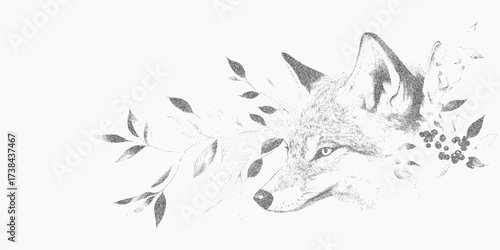 Fox profile and leaves. Abstract mark with faded grain, blotchy ink surface and fine grit pattern, vintage threshold contour and speckled dirt.