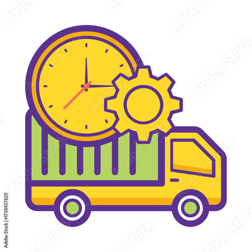 Logistics and Delivery Truck with Clock and Gear – Supply Chain Vector Illustration