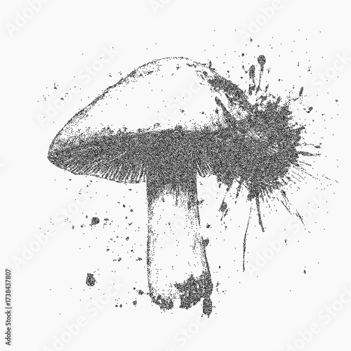 Watercolor mushroom with soft paint splashes, faded grain and scattered ink dust. Textured surface with paper noise and rough threshold transitions.