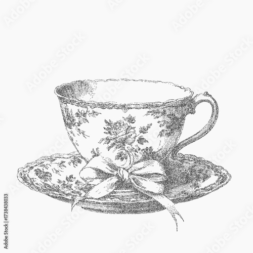 Vintage cup tied with a bow, gritty paper surface with stipple dots, ink grain and scattered dust, subtle threshold lines and soft worn texture.