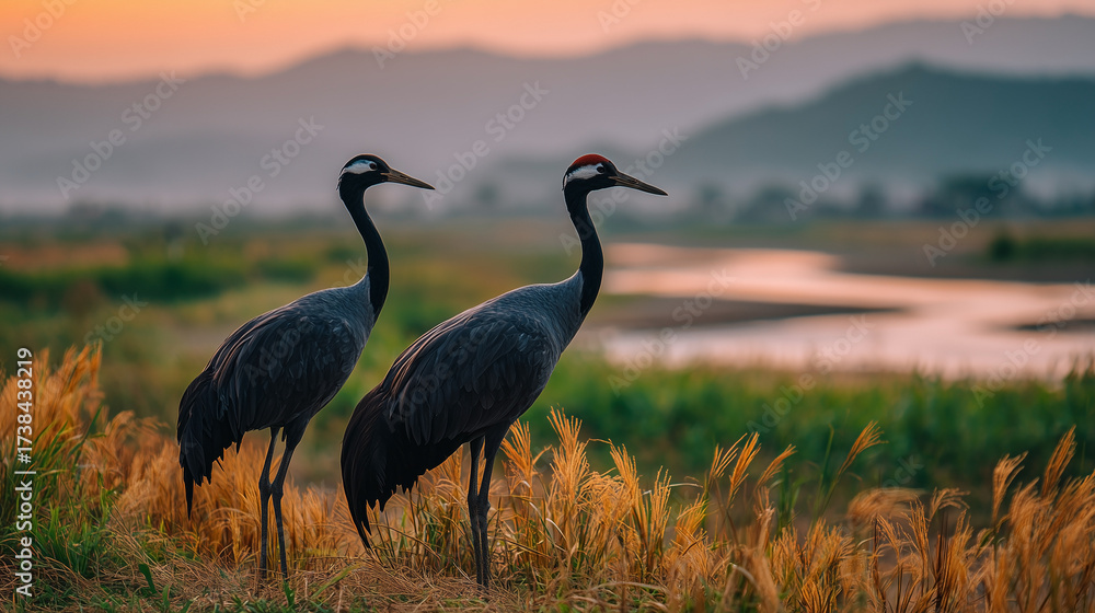 Fototapeta premium Majestic Cranes in a Golden Meadow A Serene Wildlife Scene at Sunset
