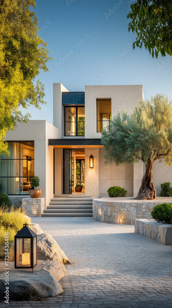 Fototapeta premium Modern Elegance A Contemporary Desert Home with Stone Accents and Lush Greenery
