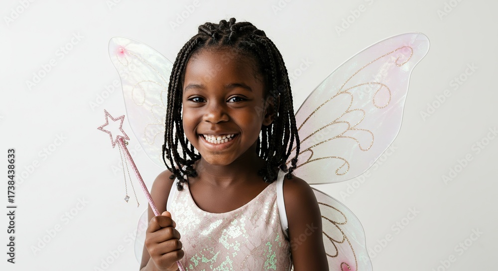 Naklejka premium Happy Young Black Girl Dressed as a Fairy with Sparkly Wings and Wand Isolated on White Background