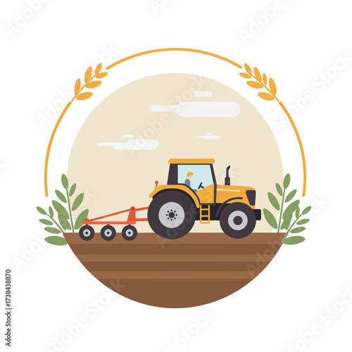 Tractor plowing field surrounded by greenery and clouds  