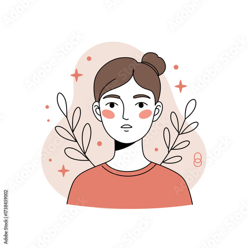 Young woman with rosy cheeks and plants in minimalist illustration  