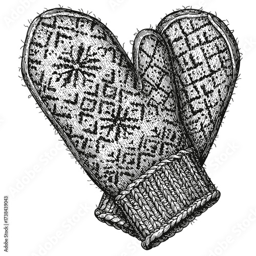 Wool mittens with intricate pattern in monochrome design  