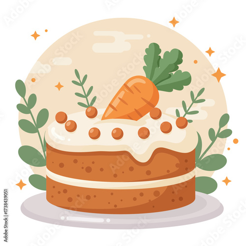Carrot cake with frosting topped with a carrot and greenery 