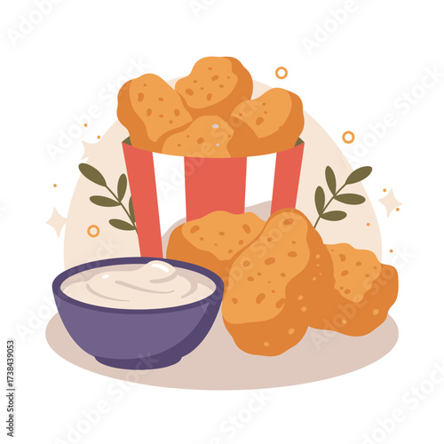 Chicken nuggets with dip in striped box and purple bowl on white background  