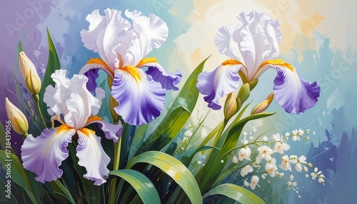 Delicate white and purple irises in artistic style