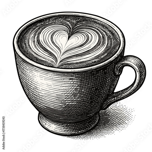 Latte with heart-shaped foam in vintage cup illustration  