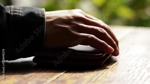 Hand gently touches a handcrafted brown leather wallet sitting on a rustic wooden table.