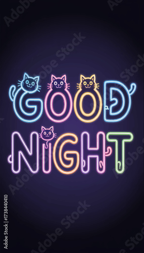An illustration of the Good night inscription in which the letters consist of seals and glow with neon colored lights. Vector graphics. EPS_02.