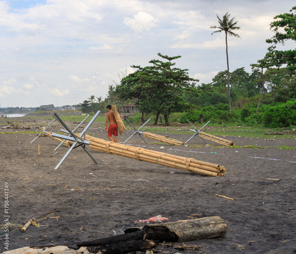 Fototapeta premium Man is carrying a large bundle of bamboo sticks on a beach