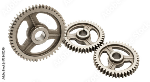 Photos Isolated Gears in Silver Gray, Three Steel Cogwheels in Mechanical Arrangement,