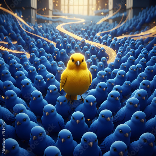 Standing Out: An artistic digital illustration depicts a bold, yellow bird, standing out amidst a sea of blue counterparts, symbolizing individuality, uniqueness, and courage.
