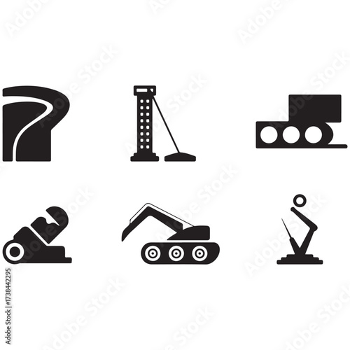 Collection of industrial and construction machine icons representing heavy equipment and tools